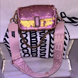 Marc Jacobs Pink and Gold Sequin Crossbody Bag with Branded Strap